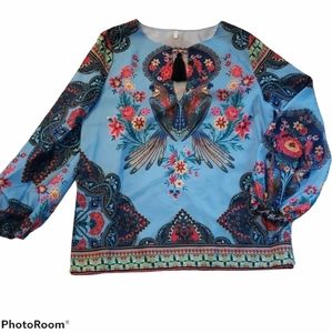 Silky Tassel Floral Peacock Top sz S M